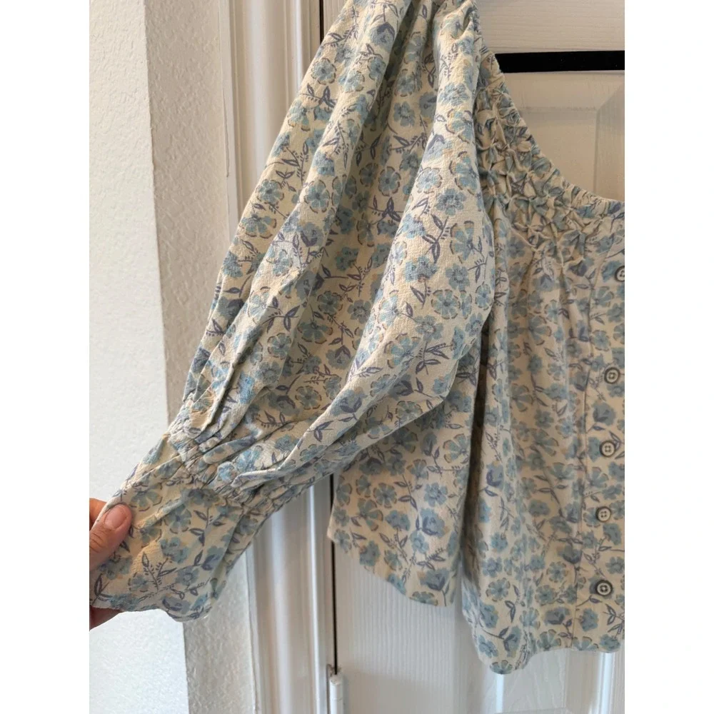 Free People James Smock Off Shoulder Floral Crop Top Blue Cottagecore Size S